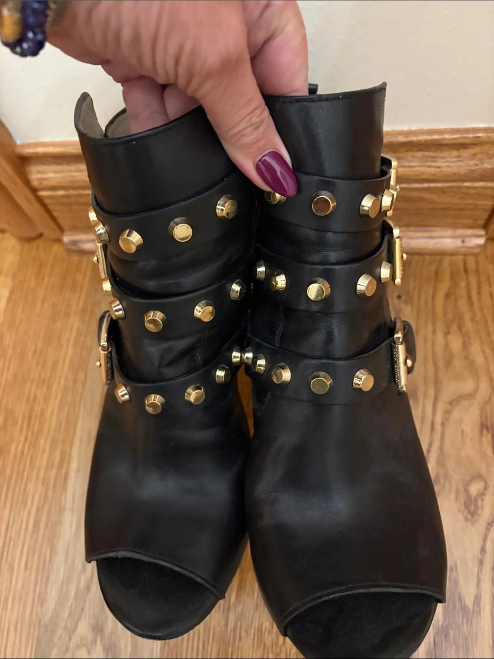 Michael Kors Bryn studded Black leather peek-Toe Buckle high heel ankle Boot 10